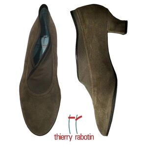 Thierry Rabotin Brown Suede Leather Edged Heels, Crossover Vamp Italian, 10 NWOB